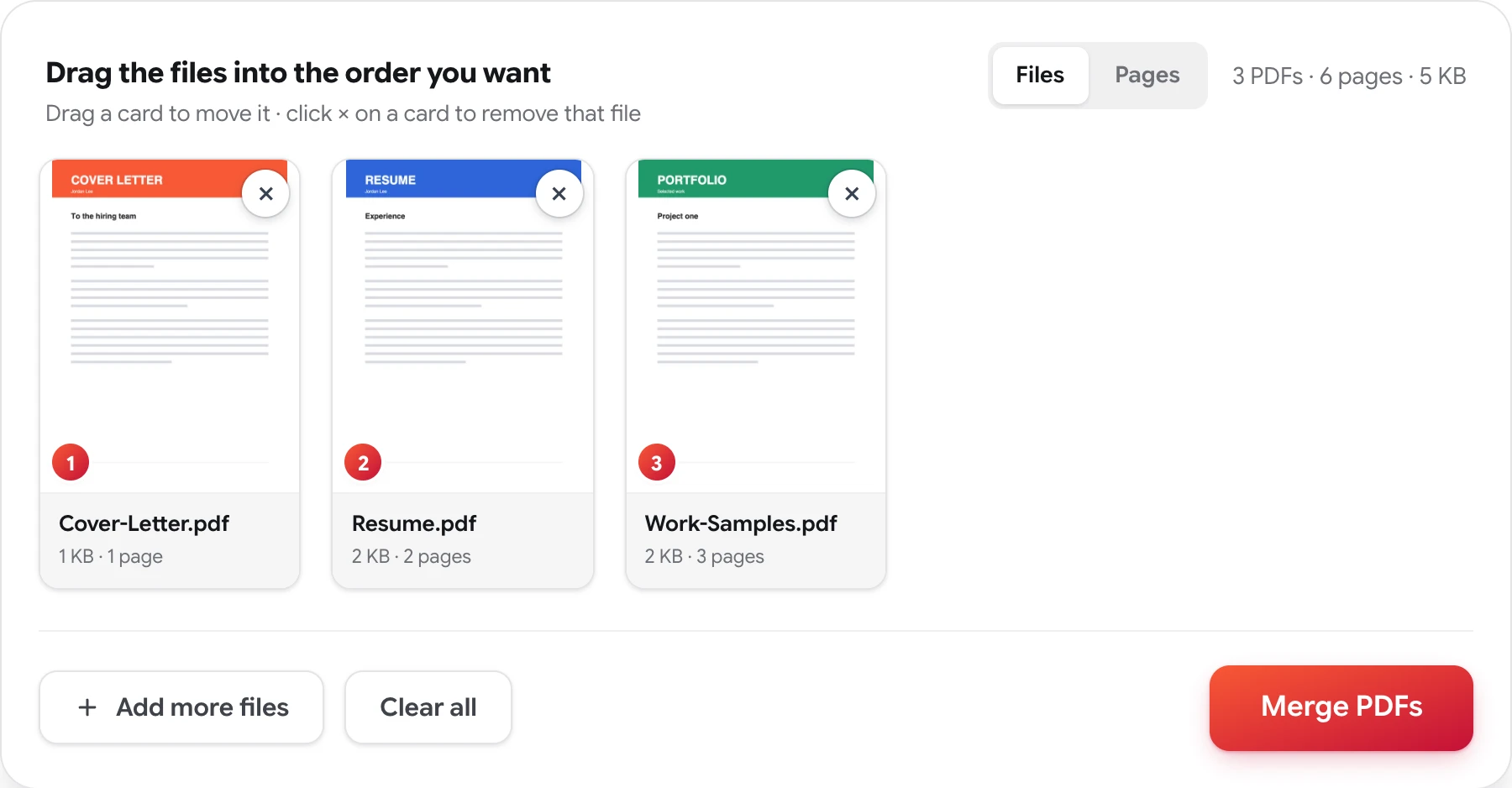 The MergePDFPro file view with a cover letter, a resume and a portfolio as numbered cards — cover letter first — ready to merge into one PDF.
