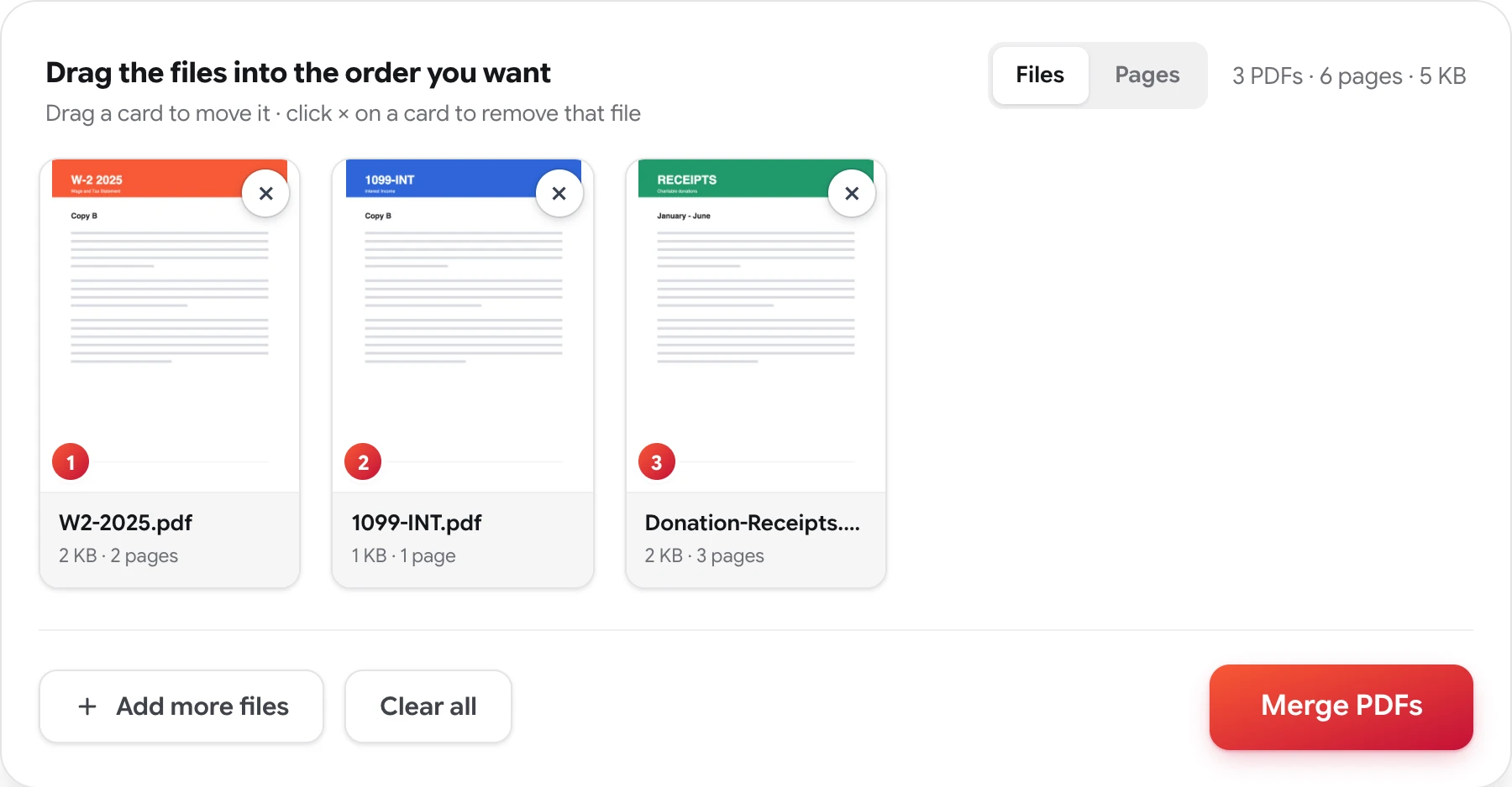 The MergePDFPro file view with three sample tax documents — a W-2, a 1099-INT and a receipts file — as numbered cards ready to merge into one PDF.