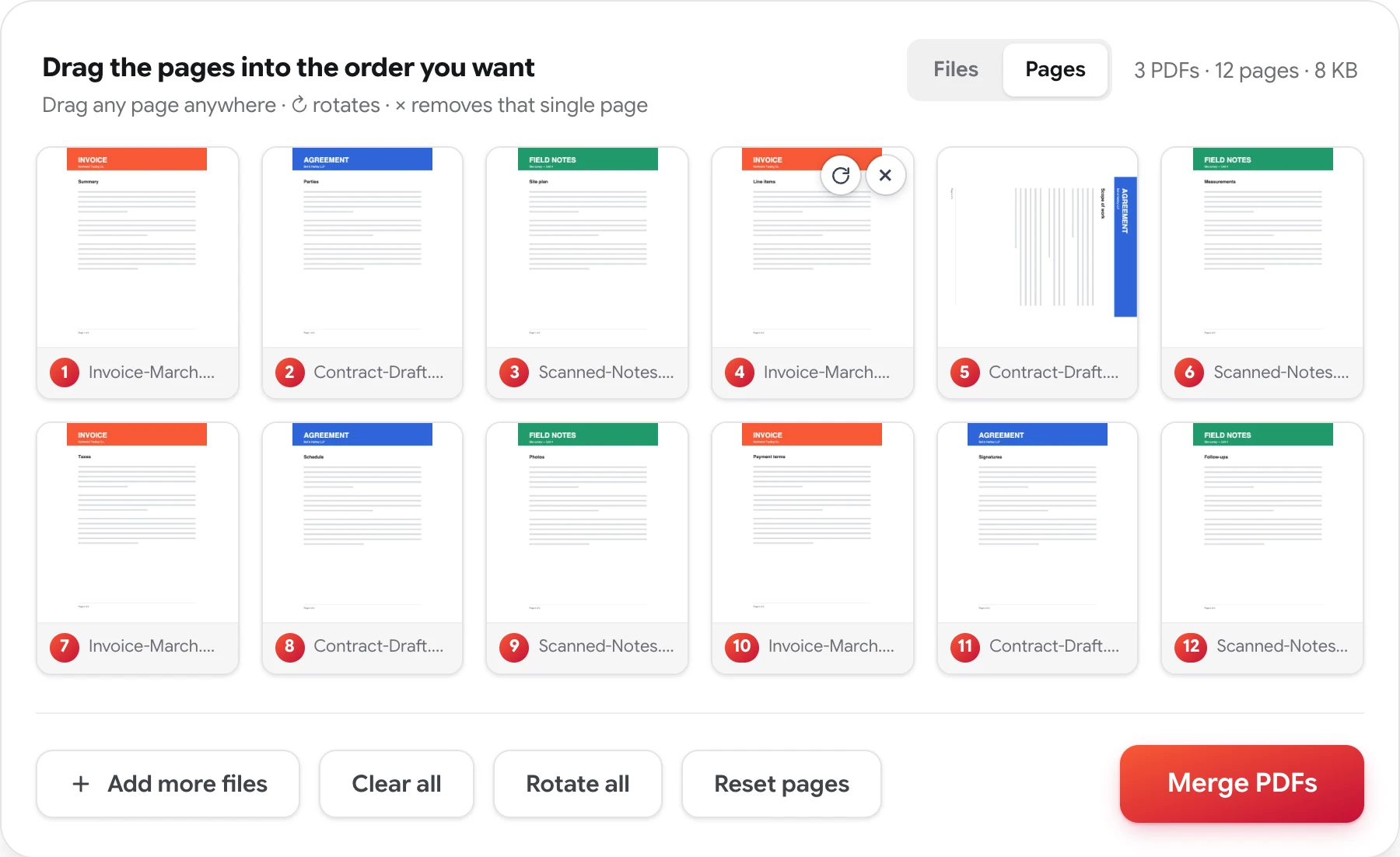 The MergePDFPro page view: twelve numbered page cards from three PDFs laid out on a grid, arranged in a chosen running order with one page rotated sideways.