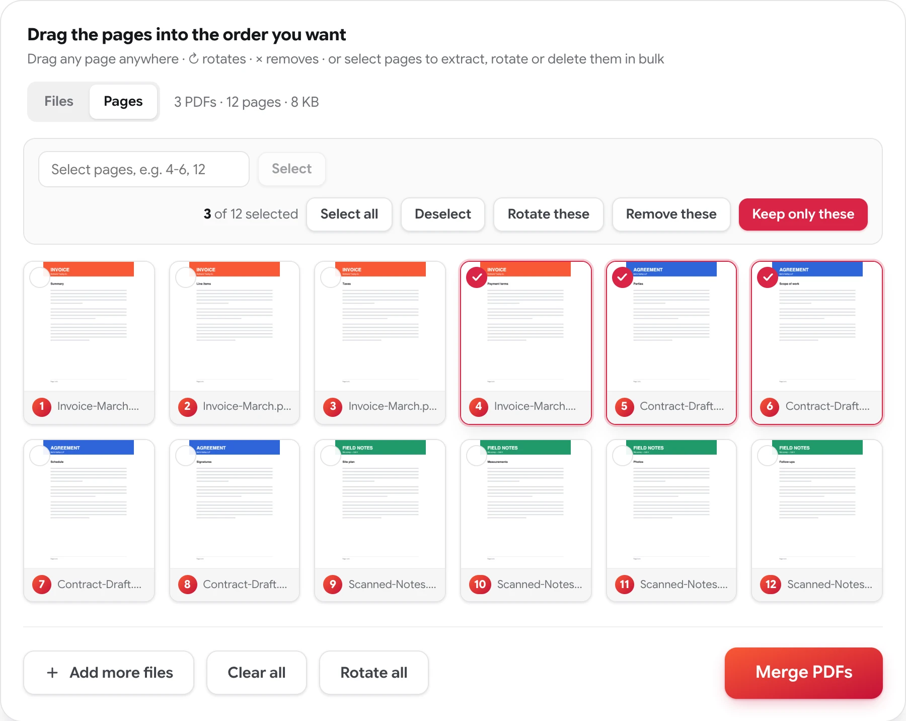 The MergePDFPro page view with pages 4 to 6 selected out of twelve, the selection bar reading 3 of 12 selected, and a Keep only these button ready to extract them.